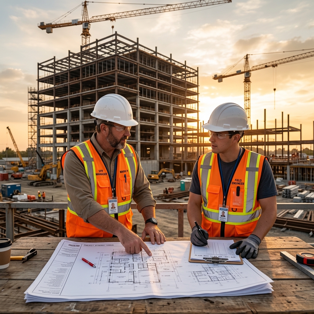 Construction professionals reviewing blueprints